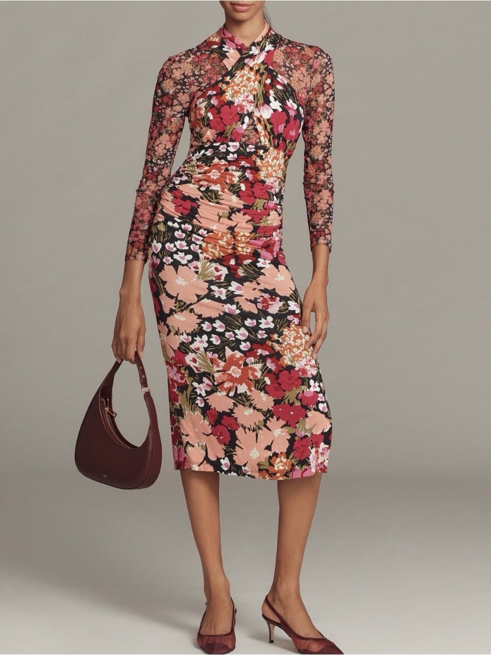 Anthropologie Long-Sleeve Halter Mesh Midi Dress